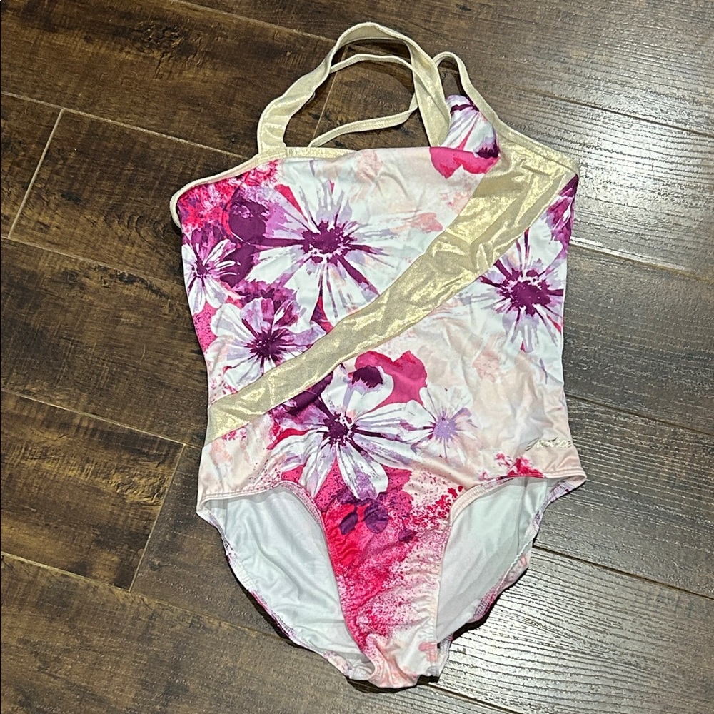 Justice Pink and Gold Floral Kids Swim One Piece